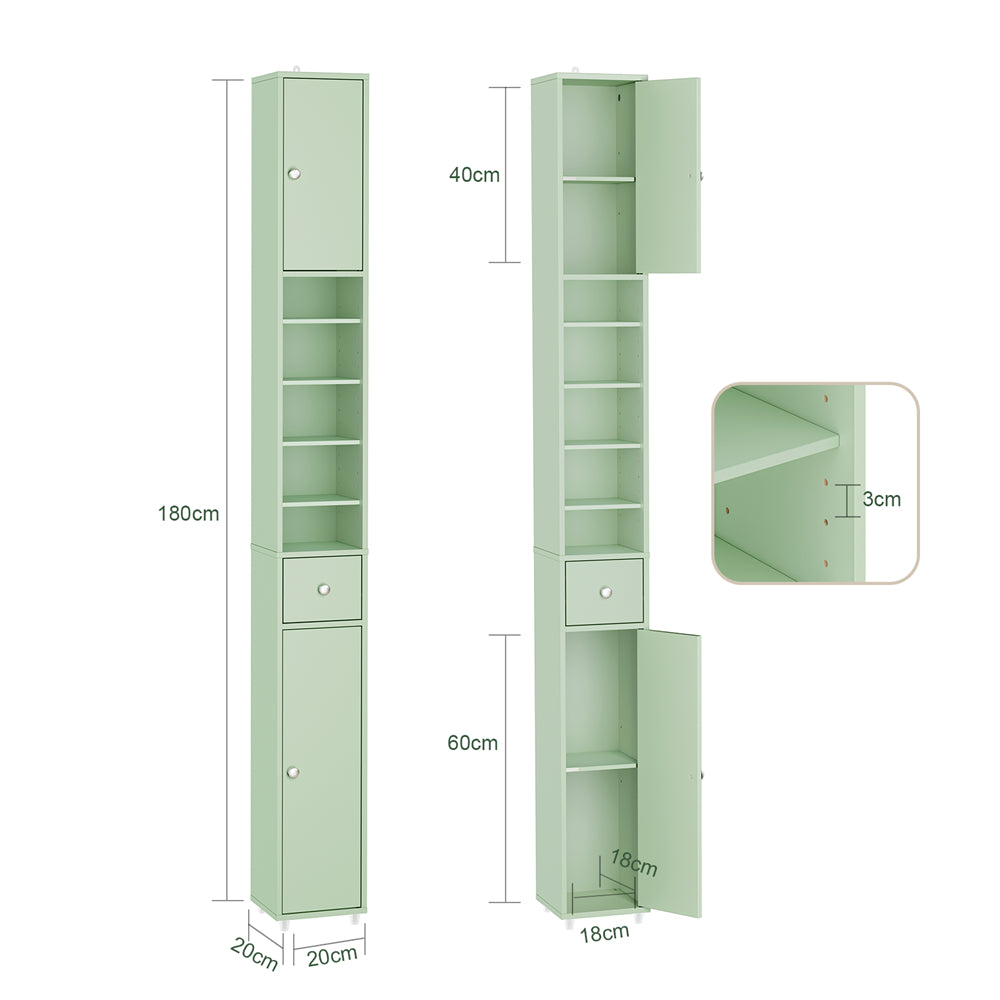 SoBuy Colonna Bagno Stretta – Mobile Bagno Idrorepellente, Alto con Ripiani Regolabili e Cassetto – Armadietto Salvaspazio, MDF, Verde Chiaro, 20x180x20cm, BZR34-II-GR