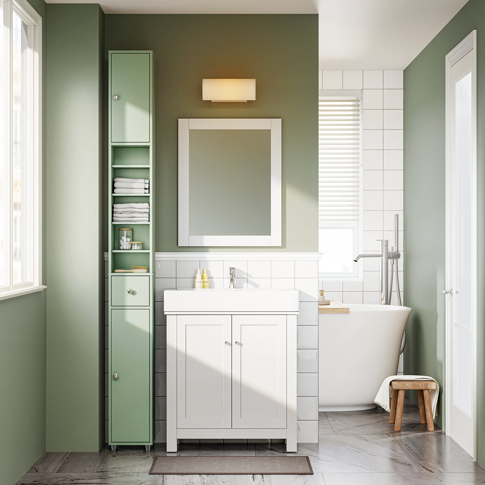 SoBuy Colonna Bagno Stretta – Mobile Bagno Idrorepellente, Alto con Ripiani Regolabili e Cassetto – Armadietto Salvaspazio, MDF, Verde Chiaro, 20x180x20cm, BZR34-II-GR