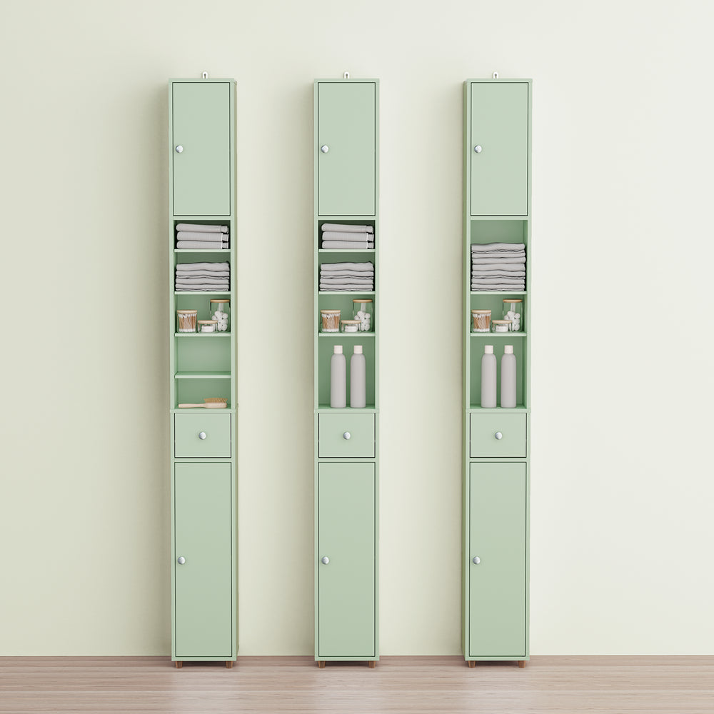 SoBuy Colonna Bagno Stretta – Mobile Bagno Idrorepellente, Alto con Ripiani Regolabili e Cassetto – Armadietto Salvaspazio, MDF, Verde Chiaro, 20x180x20cm, BZR34-II-GR