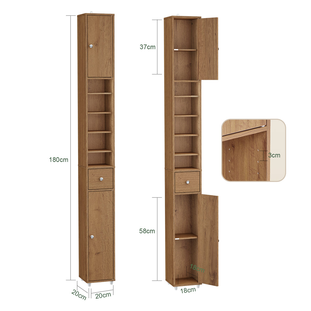 SoBuy Mobile Bagno Stretta – Colonna Bagno Idrorepellente, Alto con Ripiani Regolabili e Cassetto – Armadietto Salvaspazio di Legno, Colore legno, 20x180x20cm, BZR34-II-PF