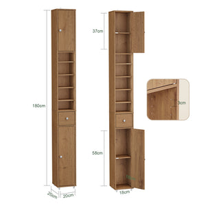 SoBuy Mobile Bagno Stretta – Colonna Bagno Idrorepellente, Alto con Ripiani Regolabili e Cassetto – Armadietto Salvaspazio di Legno, Colore legno, 20x180x20cm, BZR34-II-PF