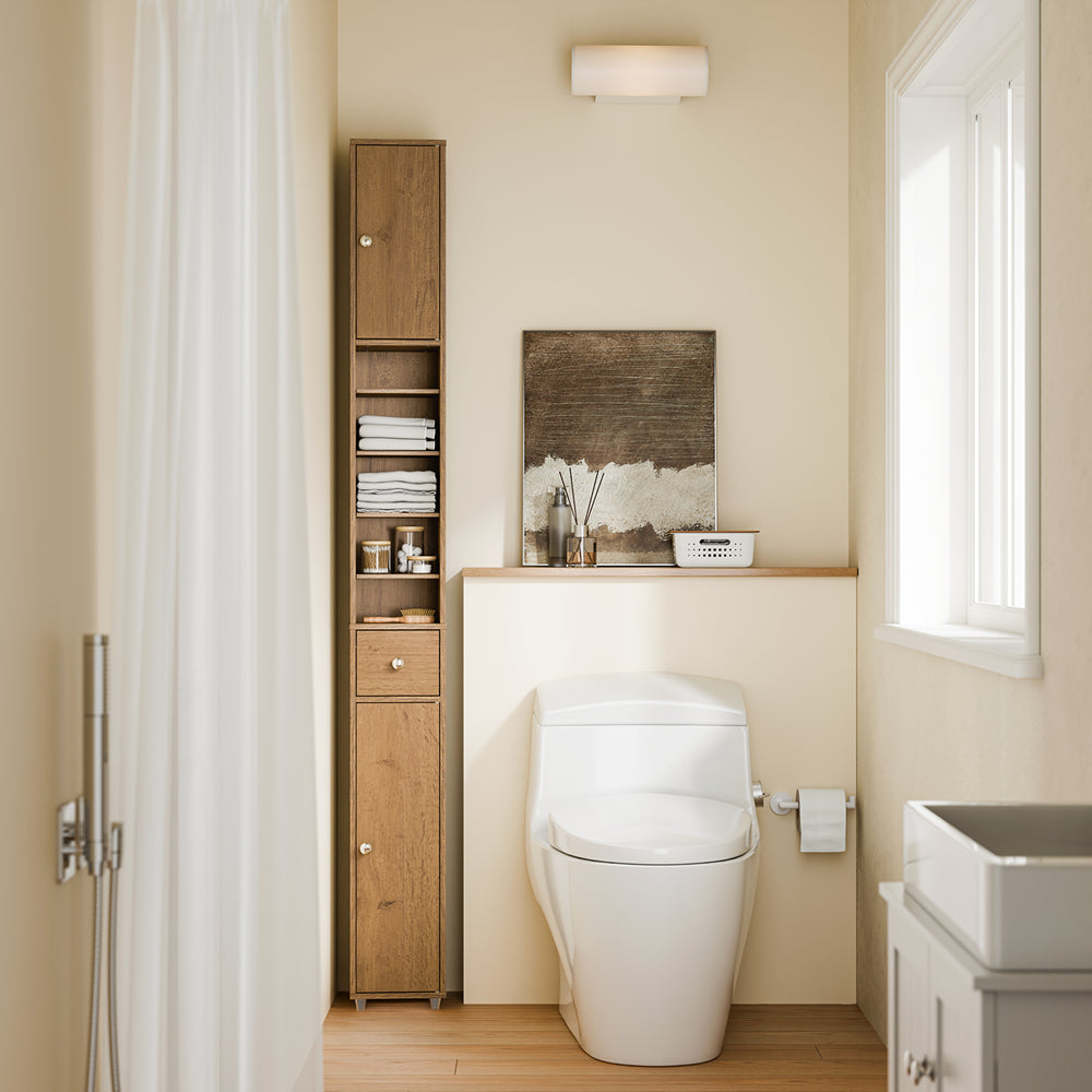 SoBuy Mobile Bagno Stretta – Colonna Bagno Idrorepellente, Alto con Ripiani Regolabili e Cassetto – Armadietto Salvaspazio di Legno, Colore legno, 20x180x20cm, BZR34-II-PF