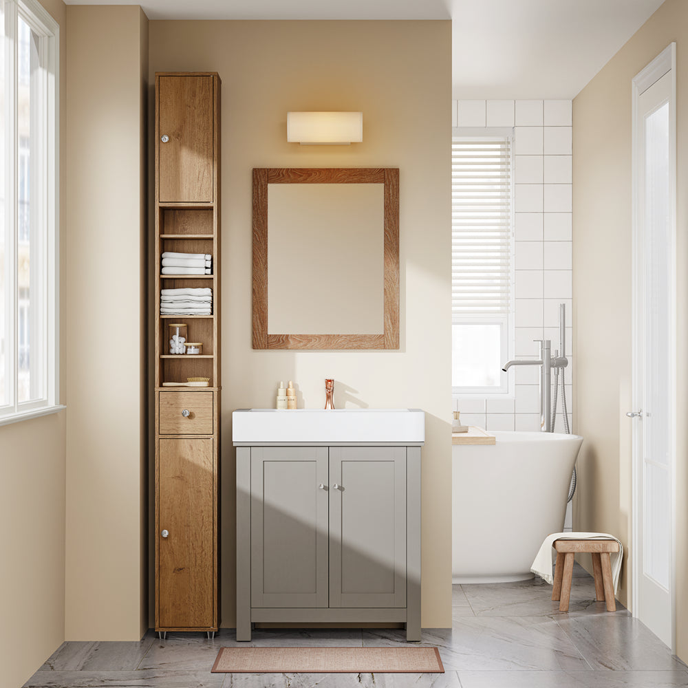 SoBuy Mobile Bagno Stretta – Colonna Bagno Idrorepellente, Alto con Ripiani Regolabili e Cassetto – Armadietto Salvaspazio di Legno, Colore legno, 20x180x20cm, BZR34-II-PF