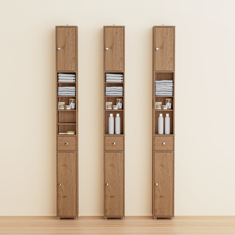 SoBuy Mobile Bagno Stretta – Colonna Bagno Idrorepellente, Alto con Ripiani Regolabili e Cassetto – Armadietto Salvaspazio di Legno, Colore legno, 20x180x20cm, BZR34-II-PF