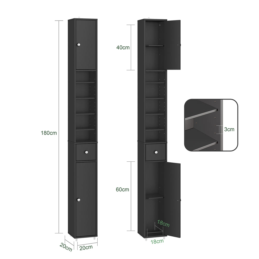 SoBuy BZR34-II-SCH Colonna Bagno Stretta - Mobile Bagno Idrorepellente, Alto con Ripiani Regolabili e Cassetto - Armadietto Salvaspazio, MDF, Nero, 20x180x20cm