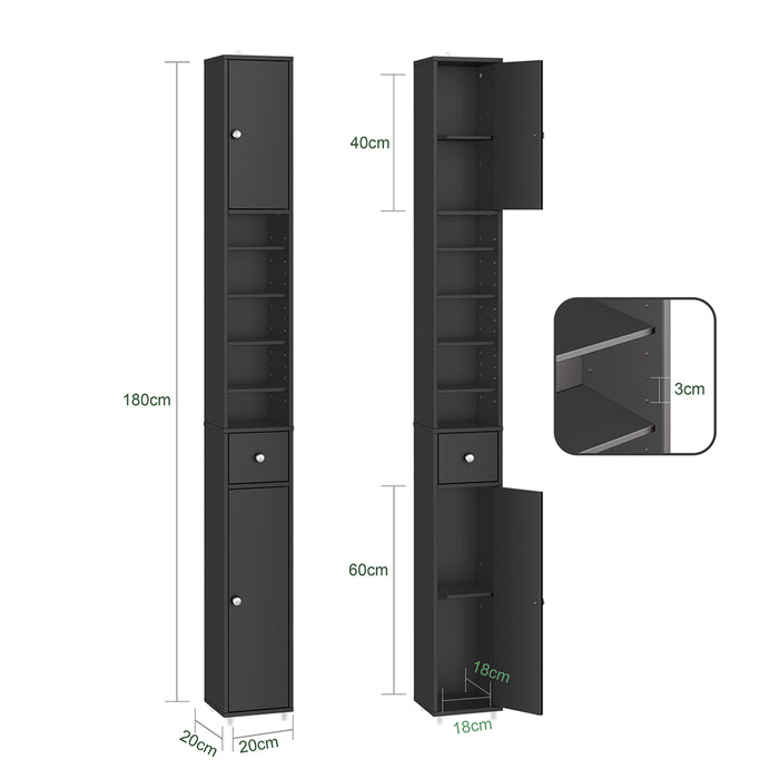 SoBuy BZR34-II-SCH Colonna Bagno Stretta - Mobile Bagno Idrorepellente, Alto con Ripiani Regolabili e Cassetto - Armadietto Salvaspazio, MDF, Nero, 20x180x20cm