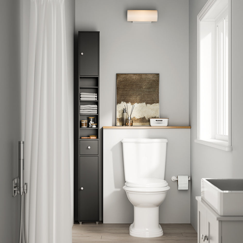 SoBuy BZR34-II-SCH Colonna Bagno Stretta - Mobile Bagno Idrorepellente, Alto con Ripiani Regolabili e Cassetto - Armadietto Salvaspazio, MDF, Nero, 20x180x20cm