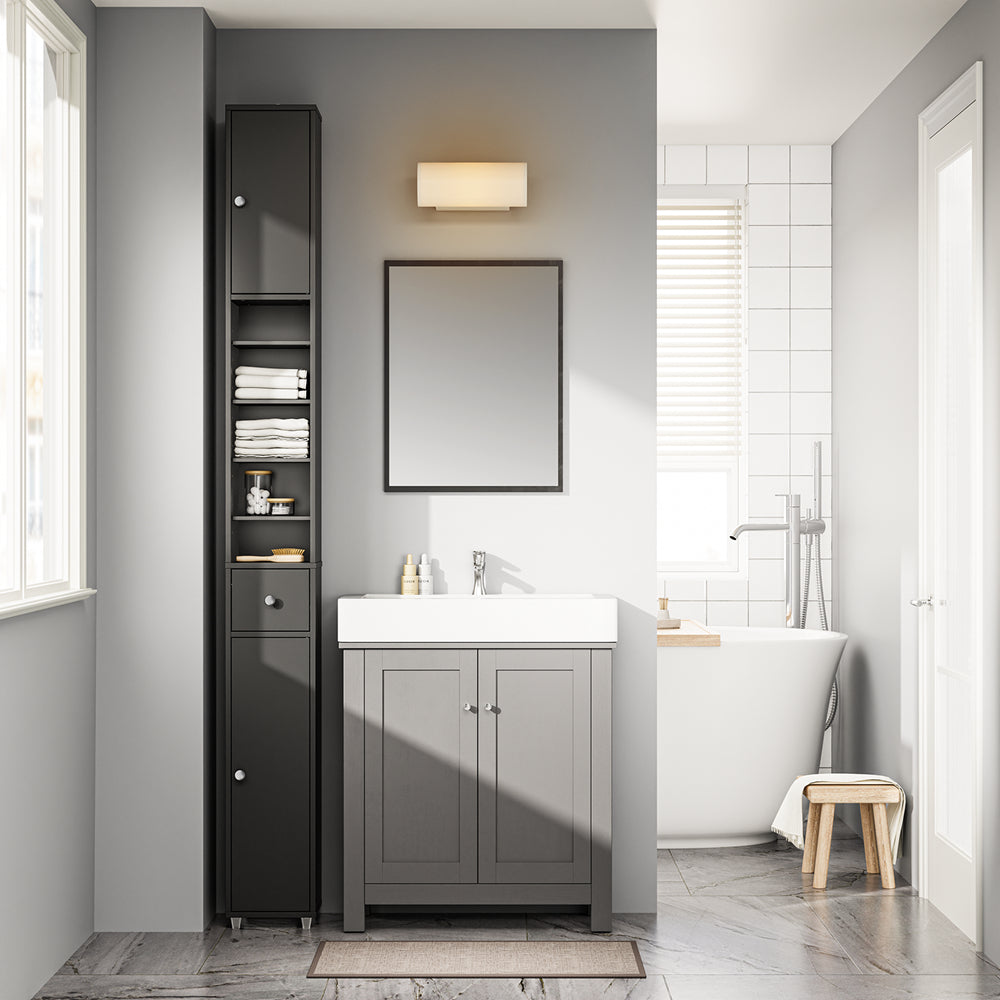 SoBuy BZR34-II-SCH Colonna Bagno Stretta - Mobile Bagno Idrorepellente, Alto con Ripiani Regolabili e Cassetto - Armadietto Salvaspazio, MDF, Nero, 20x180x20cm