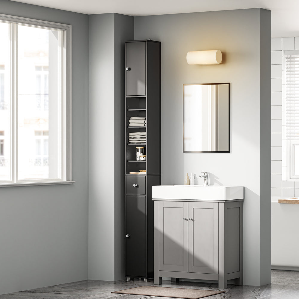 SoBuy BZR34-II-SCH Colonna Bagno Stretta - Mobile Bagno Idrorepellente, Alto con Ripiani Regolabili e Cassetto - Armadietto Salvaspazio, MDF, Nero, 20x180x20cm