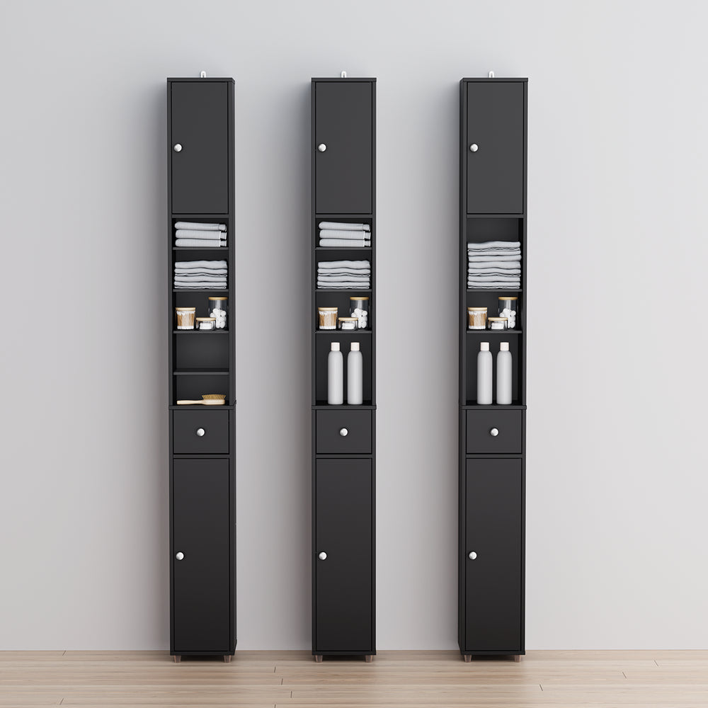 SoBuy BZR34-II-SCH Colonna Bagno Stretta - Mobile Bagno Idrorepellente, Alto con Ripiani Regolabili e Cassetto - Armadietto Salvaspazio, MDF, Nero, 20x180x20cm