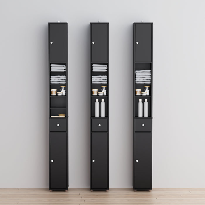 SoBuy BZR34-II-SCH Colonna Bagno Stretta - Mobile Bagno Idrorepellente, Alto con Ripiani Regolabili e Cassetto - Armadietto Salvaspazio, MDF, Nero, 20x180x20cm