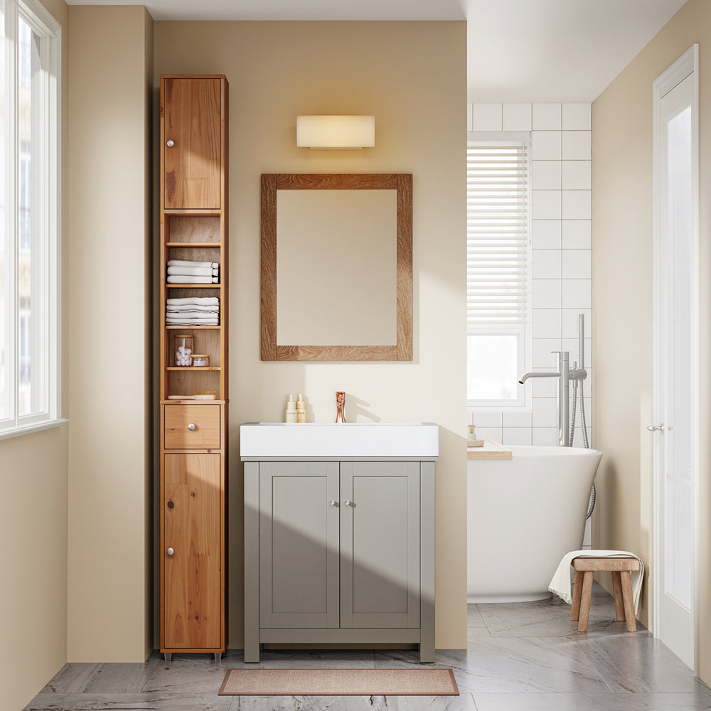 SoBuy Mobile Bagno Stretta – Colonna Bagno Idrorepellente, Alto con Ripiani Regolabili e Cassetto – Armadietto Salvaspazio, Legno massello, Colore legno, 20x180x20cm, BZR34-II-SH