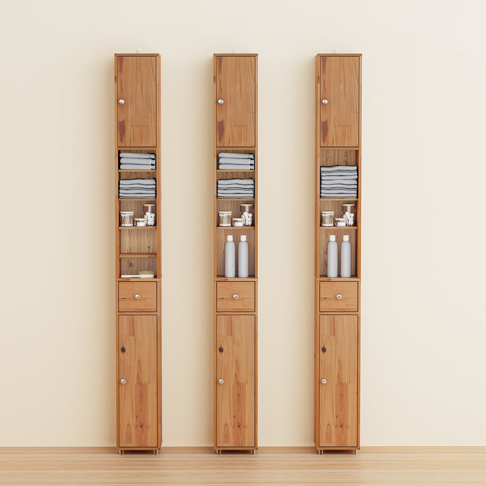 SoBuy Mobile Bagno Stretta – Colonna Bagno Idrorepellente, Alto con Ripiani Regolabili e Cassetto – Armadietto Salvaspazio, Legno massello, Colore legno, 20x180x20cm, BZR34-II-SH