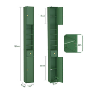 SoBuy Mobile Bagno Stretta – Colonna Bagno Idrorepellente, Alto con Ripiani Regolabili e Cassetto – Armadietto Salvaspazio, MDF Verde Scuro, 20x180x20cm, BZR34-II-SY