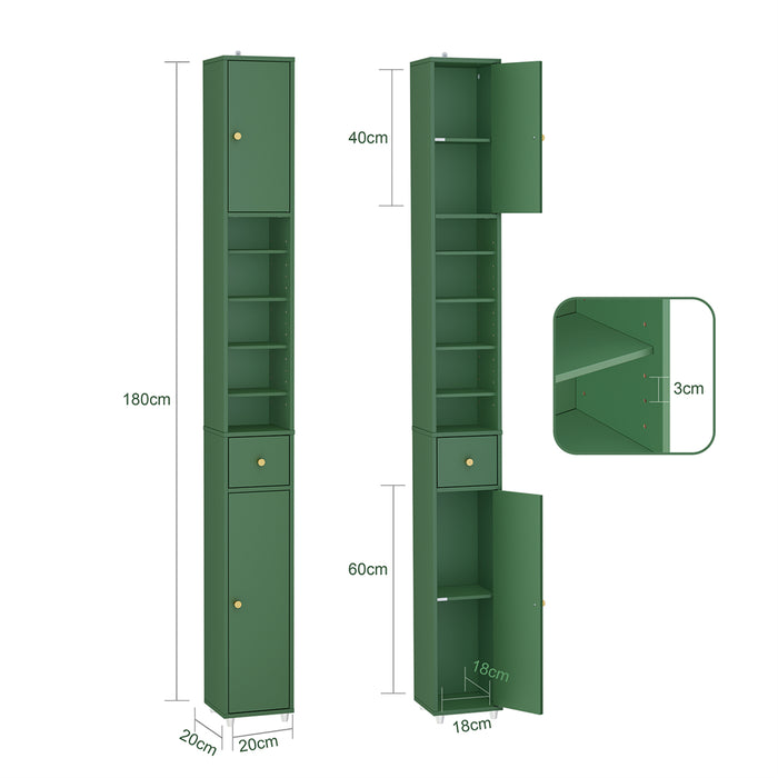 SoBuy Mobile Bagno Stretta – Colonna Bagno Idrorepellente, Alto con Ripiani Regolabili e Cassetto – Armadietto Salvaspazio, MDF Verde Scuro, 20x180x20cm, BZR34-II-SY