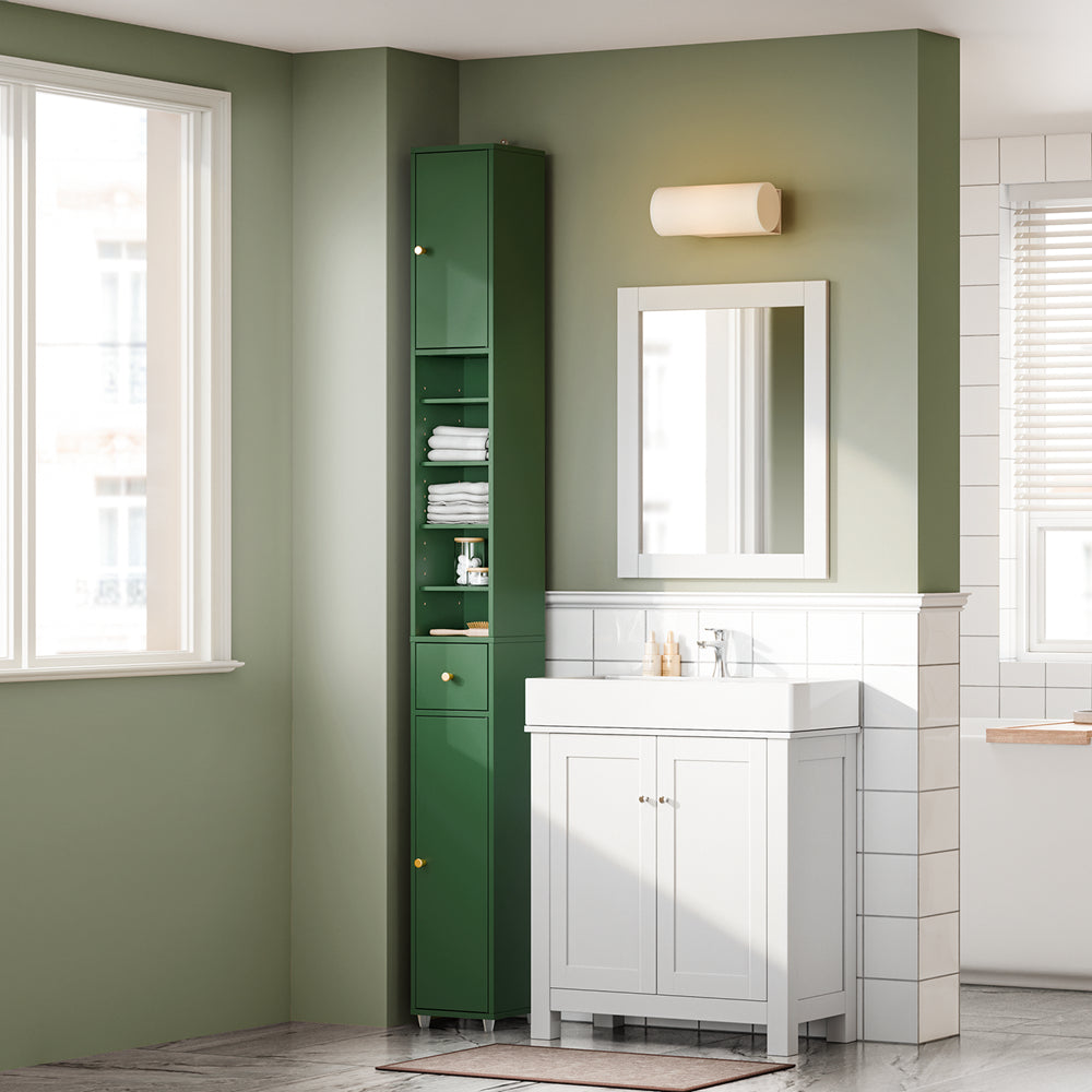 SoBuy Mobile Bagno Stretta – Colonna Bagno Idrorepellente, Alto con Ripiani Regolabili e Cassetto – Armadietto Salvaspazio, MDF Verde Scuro, 20x180x20cm, BZR34-II-SY