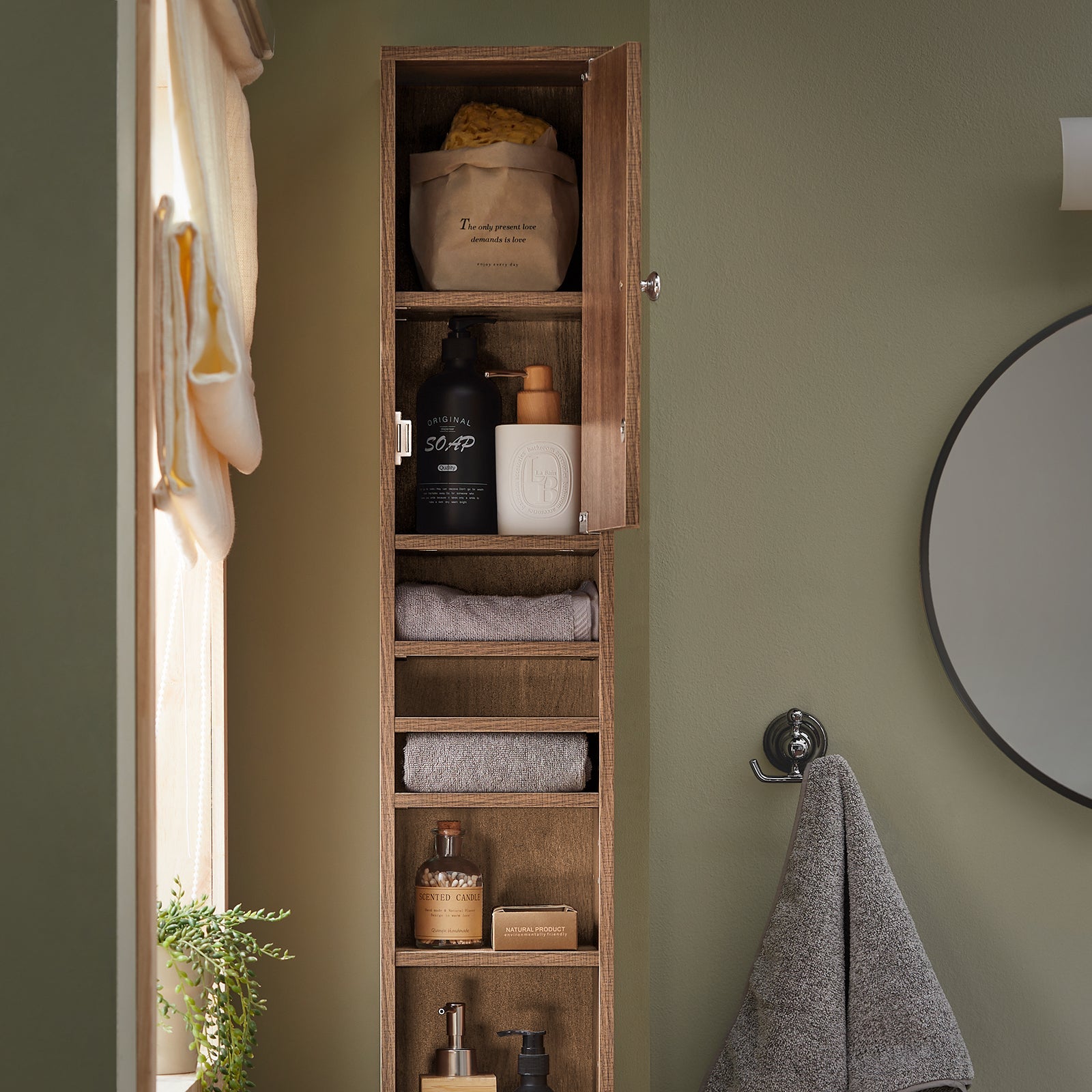 Armadio Colonna bagno, Mobile bagno alto con 2 Ante e 1 cassetto altezza: 180 cm Marrone BZR34-PF