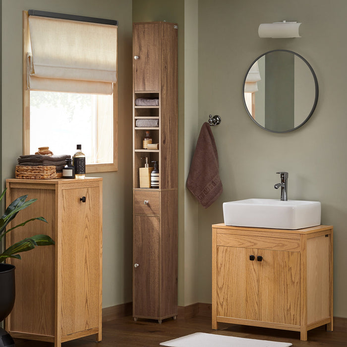 Armadio Colonna bagno, Mobile bagno alto con 2 Ante e 1 cassetto altezza: 180 cm Marrone BZR34-PF