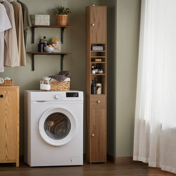 Armadio Colonna bagno, Mobile bagno alto con 2 Ante e 1 cassetto altezza: 180 cm Marrone BZR34-PF