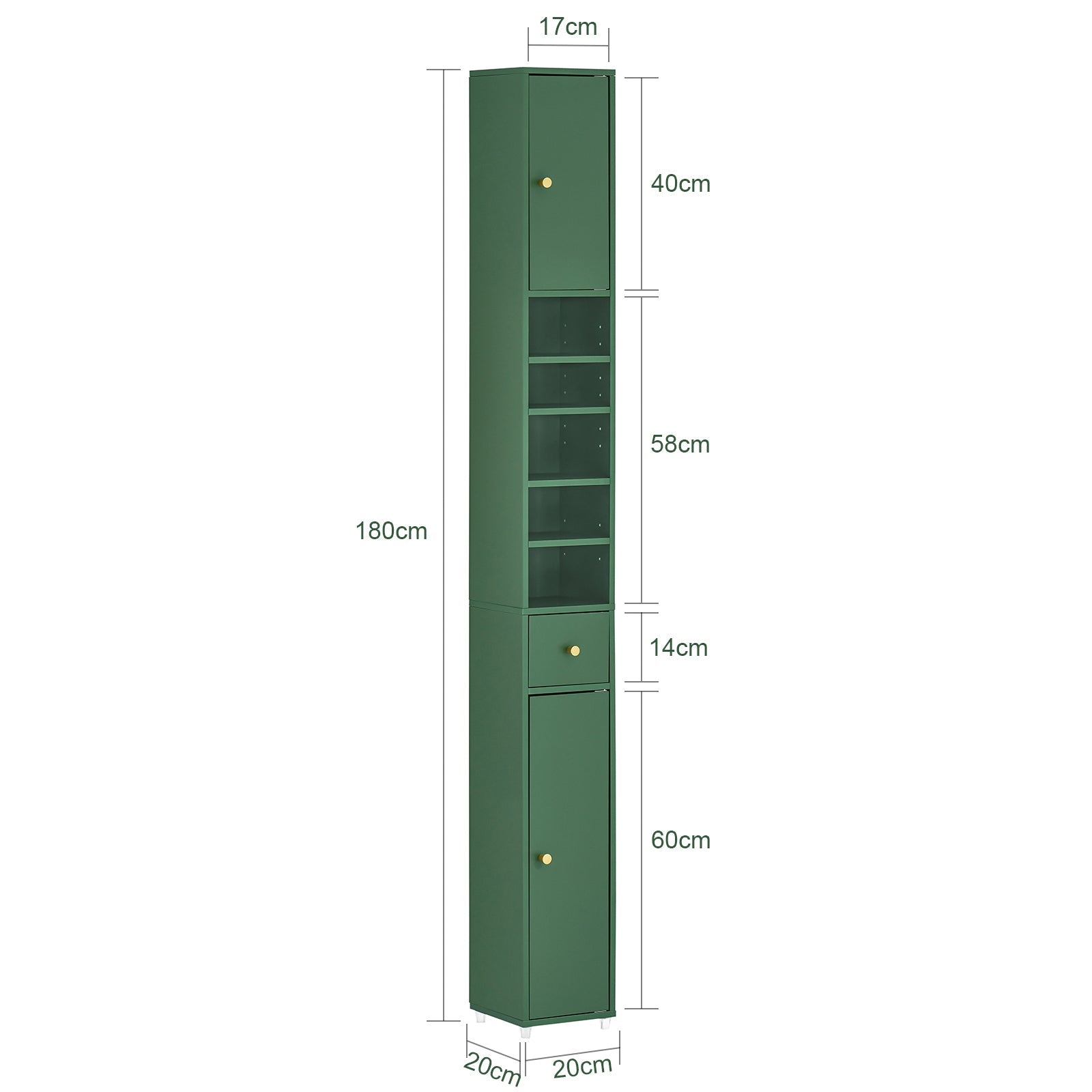 Armadio Colonna bagno, Mobile bagno alto con 2 Ante e 1 cassetto altezza: 180 cm Verde BZR34-SY