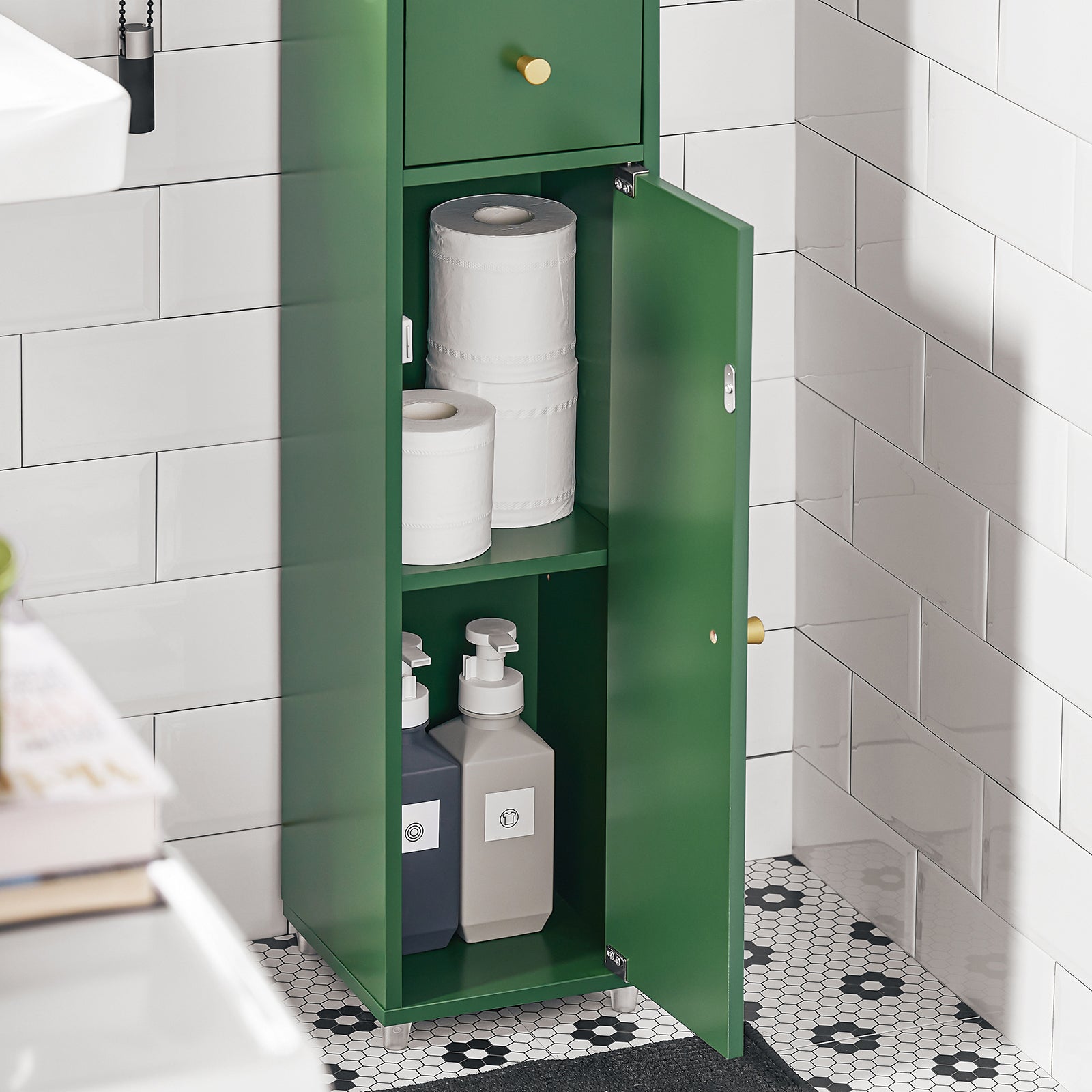 Armadio Colonna bagno, Mobile bagno alto con 2 Ante e 1 cassetto altezza: 180 cm Verde BZR34-SY