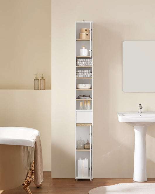 Armadio Colonna bagno, Mobile bagno alto con 2 Ante e 1 cassetto altezza: 180 cm Bianco-Naturale BZR34-WN