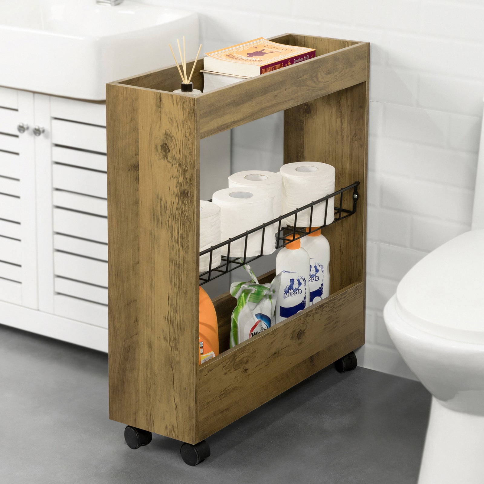 Carrellino Salvaspazio Carrello Cucina Organizzatore Bagno Mobiletto Bagno Salvaspazio Legno BZR46-N