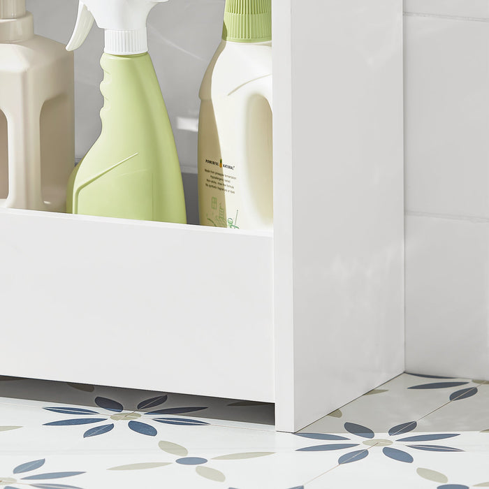 Mobiletto da bagno Portaoggetti Bagno Portarotolo e Portascopino Mobiletto salvaspazio con 1 ripiano aperto e 1 cassettiera, 55x20x60cm BZR48-W