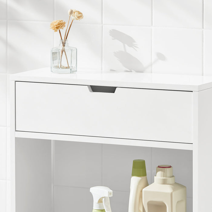 Mobiletto da bagno Portaoggetti Bagno Portarotolo e Portascopino Mobiletto salvaspazio con 1 ripiano aperto e 1 cassettiera, 55x20x60cm BZR48-W