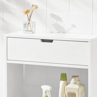 Mobiletto da bagno Portaoggetti Bagno Portarotolo e Portascopino Mobiletto salvaspazio con 1 ripiano aperto e 1 cassettiera, 55x20x60cm BZR48-W