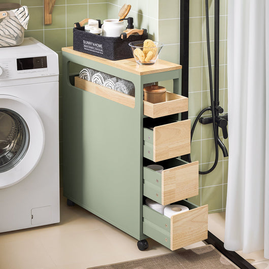 Carrellino Salvaspazio con 3 cassetti Carrello Cucina Organizzatore Bagno Mobiletto Bagno Colore Verde e Naturale BZR54-GR