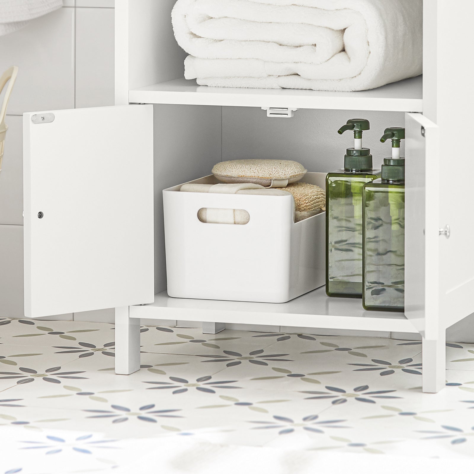 Mobiletto da bagno Armadietti autoportante con 3 Ripiani e 2 Ante, Mobiletto portaoggetti Bianco 41x36x86 cm, BZR56-W