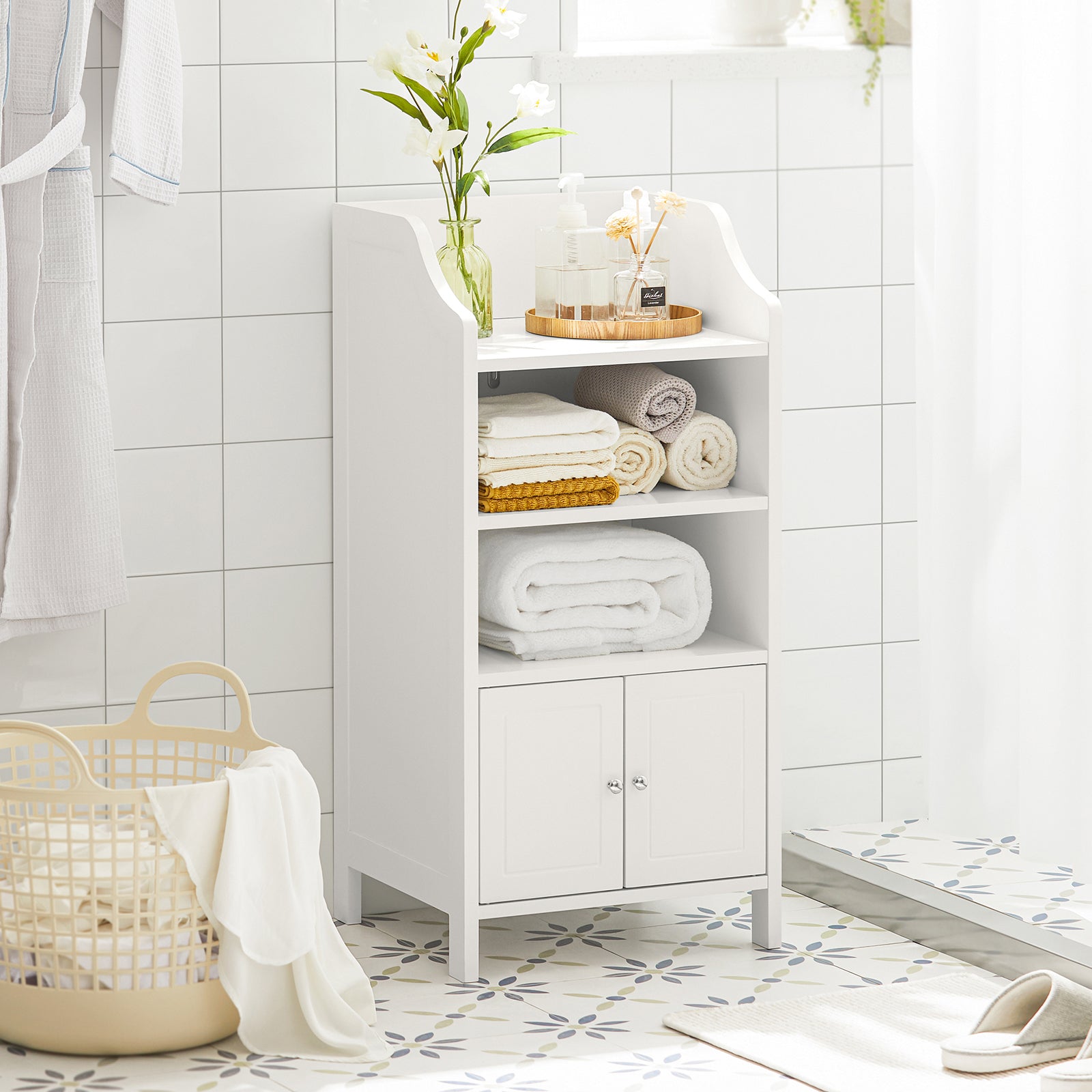 Mobiletto da bagno Armadietti autoportante con 3 Ripiani e 2 Ante, Mobiletto portaoggetti Bianco 41x36x86 cm, BZR56-W
