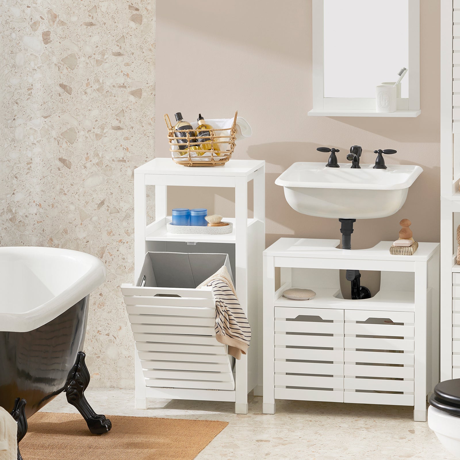 SoBuy Mobiletto portabiancheria per bagno Mobile porta biancheria con cesto Biancheria sporca Bianco 42x30x90cm BZR67-W