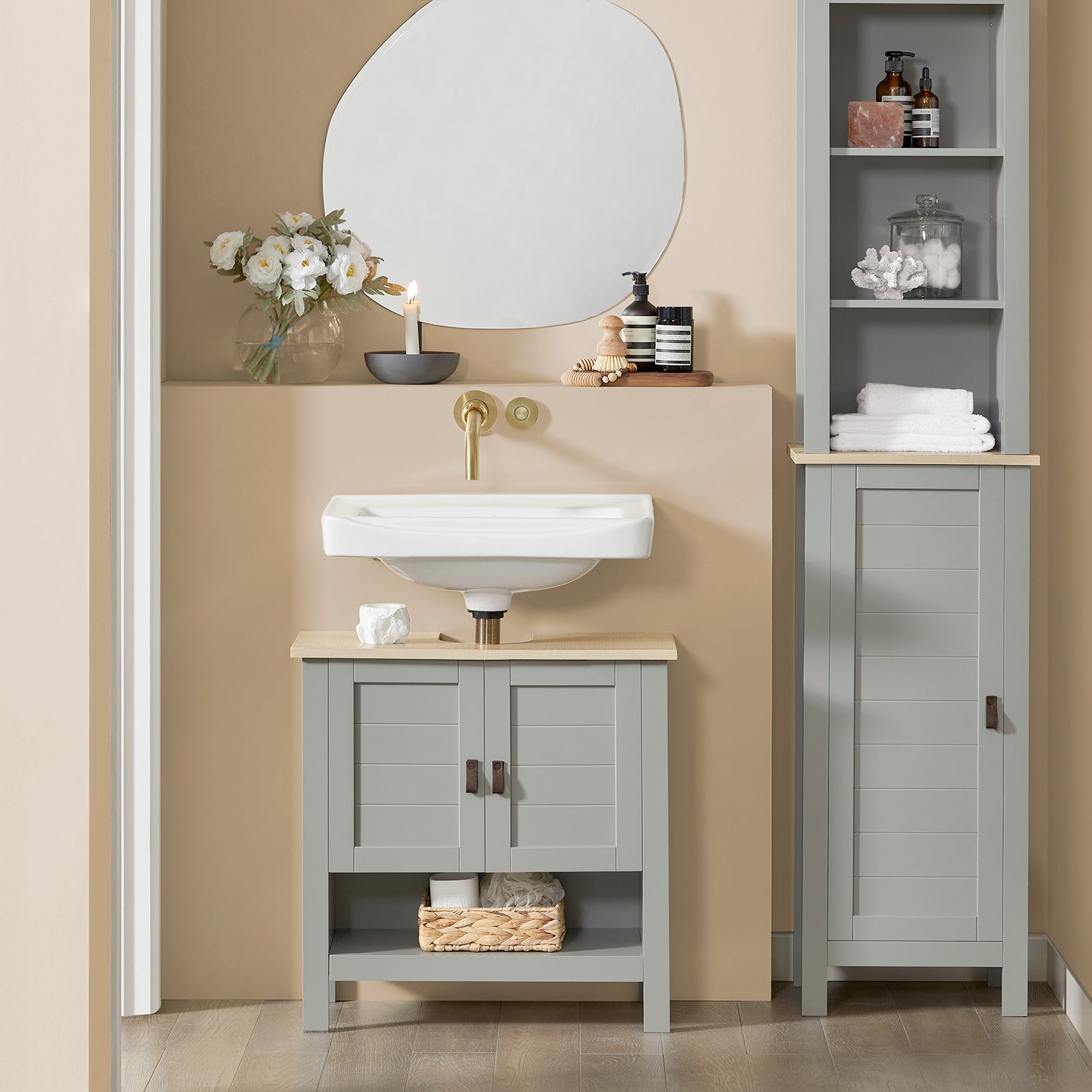 SoBuy Mobile sottolavabo con anta scorrevole Mobile bagno Mobile lavabo Grigio chiaro 60x30x60cm BZR69-HG