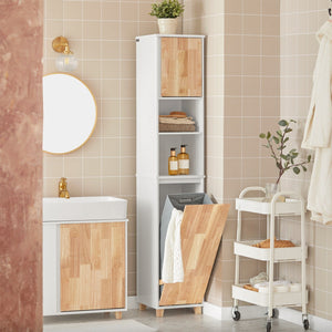 Mobile colonna bagno con portabiancheria e Mobiletto stretto salvaspazio ad anta singola. Colore Bianco-Naturale L31*A170*P32 cm BZR74-W SoBuy