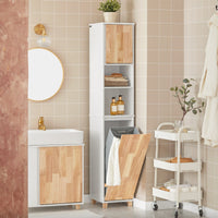 Mobile colonna bagno con portabiancheria e Mobiletto stretto salvaspazio ad anta singola. Colore Bianco-Naturale L31*A170*P32 cm BZR74-W SoBuy