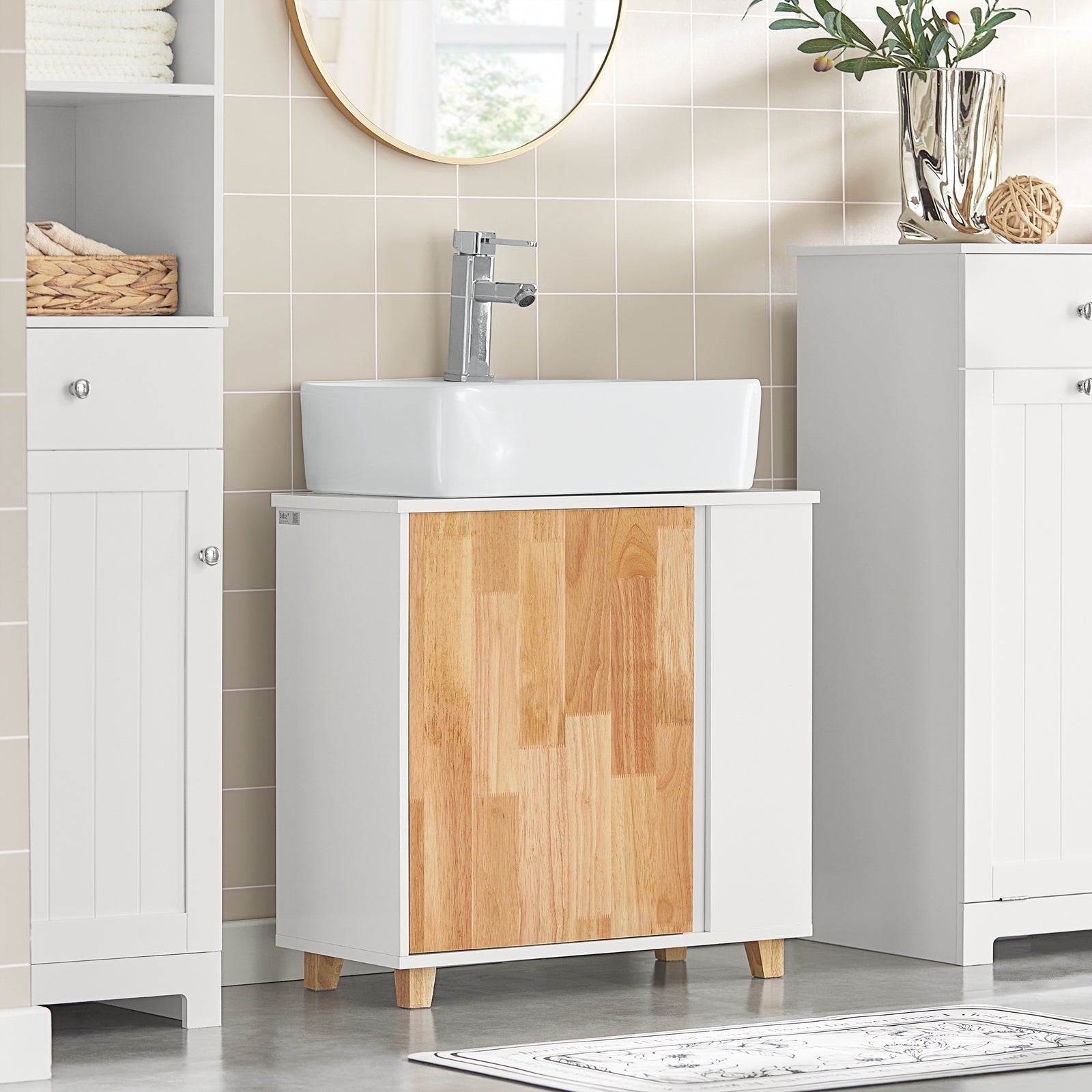 Mobiletto per lavandino bagno Mobile sotto lavabo con 1 anta Bianco-Naturale 60x29x60cm BZR75-W SoBuy