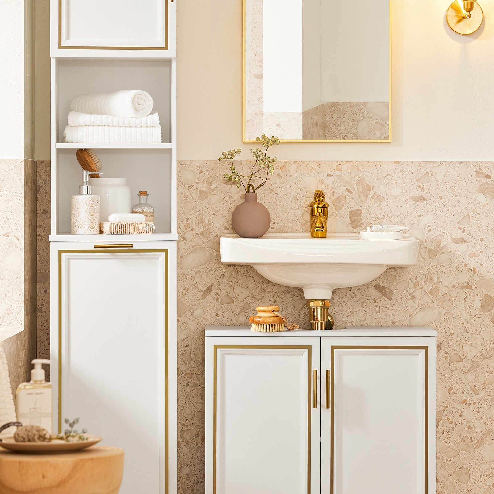 Mobile Sottolavabo Mobile Bagno Mobiletto Per Lavandino Bagno Bianco+Oro Bordo 60x30x61cm BZR86-W SoBuy