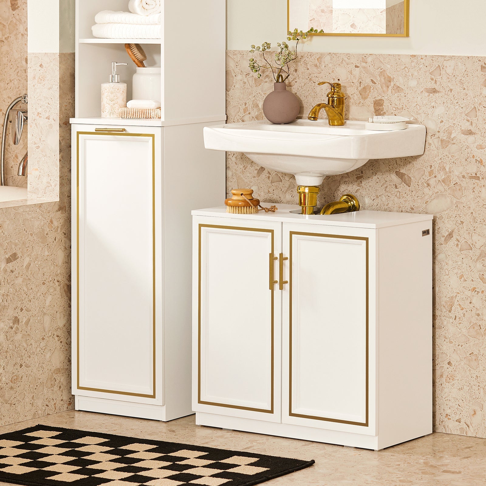 Mobile Sottolavabo Mobile Bagno Mobiletto Per Lavandino Bagno Bianco+Oro Bordo 60x30x61cm BZR86-W SoBuy