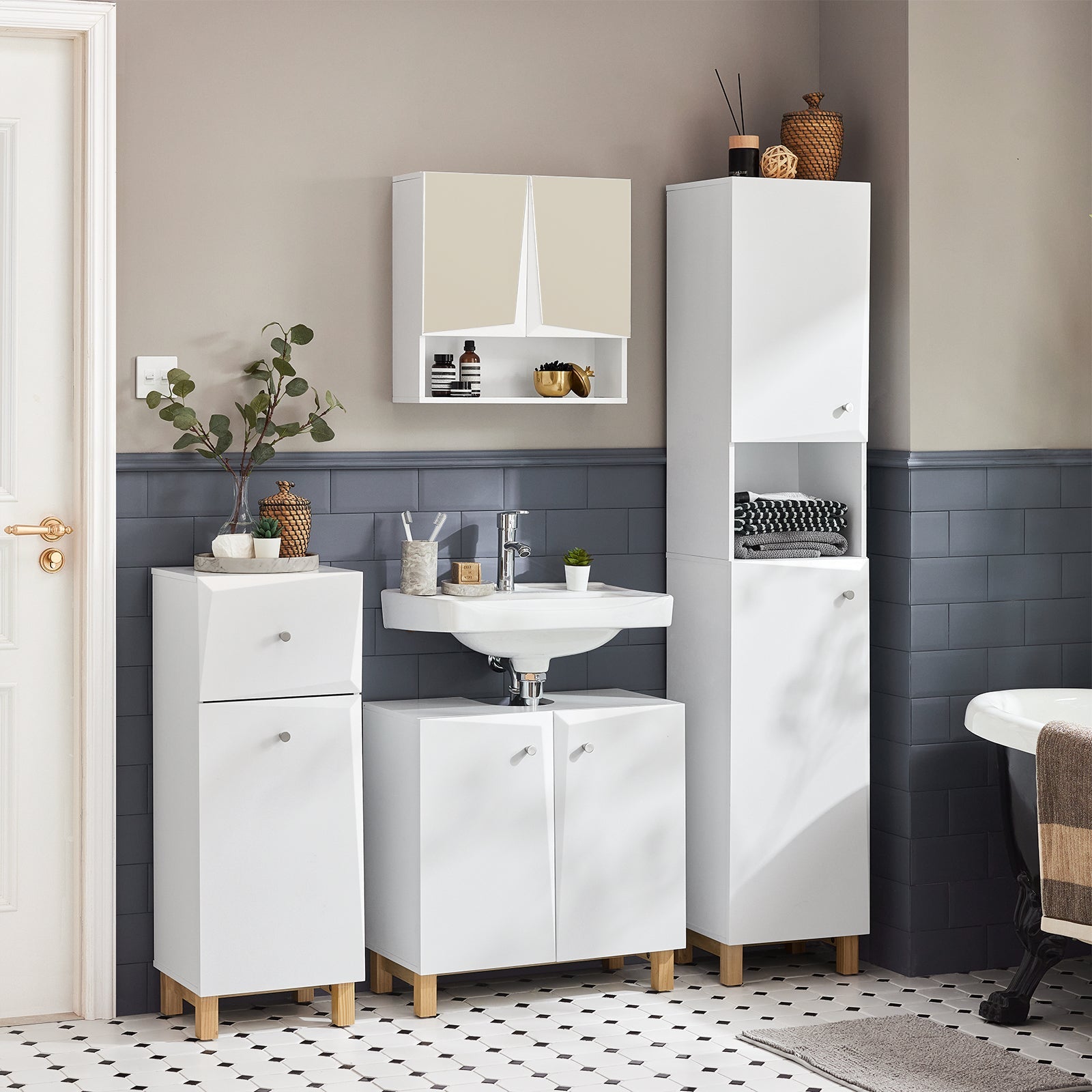 Mobile Bagno Salvaspazio Mobile Alto Colonna Bagno Angolare Bianco 34x30x170cm BZR91-W SoBuy