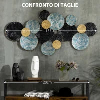 Decorazione Murale in Metallo 3D, Wall Art a Cerchi 133x66cm, Blu, Nero e Oro