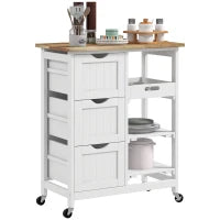 Carrello da Cucina con Ruote, Piano di Lavoro in Legno, 3 Cassetti e 1 Piano Removibile, 67 x 37 x 85,5 cm, Bianco