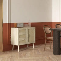 Mobile Multiuso Stile Boho con Armadietto e 3 Cassetti in Legno e Rattan, 80x36x75cm, Rovere