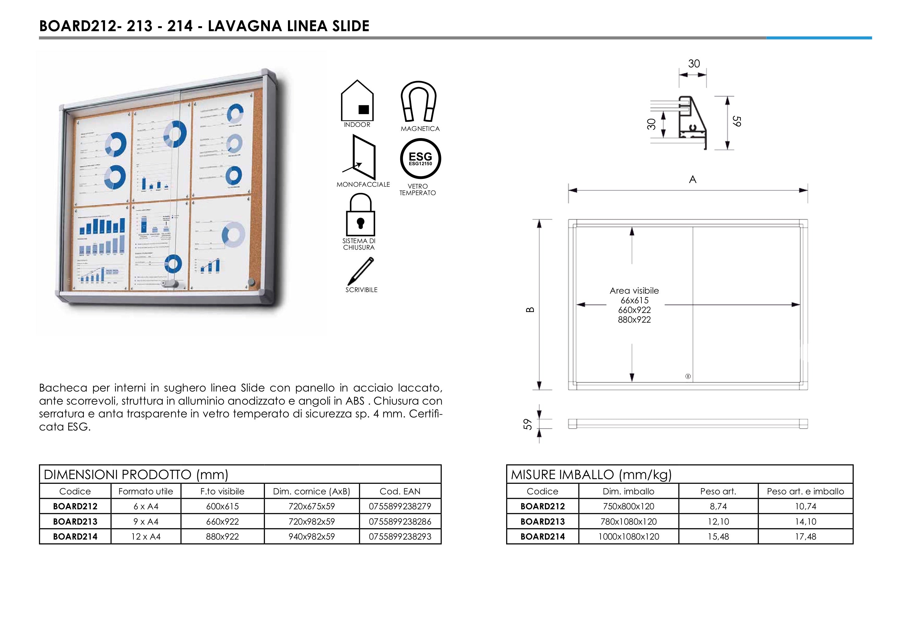 Bacheca per INTERNI in sughero Ufficio ante scorrevoli 6 x A4