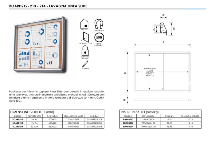 Bacheca per INTERNI in sughero Ufficio ante scorrevoli 6 x A4