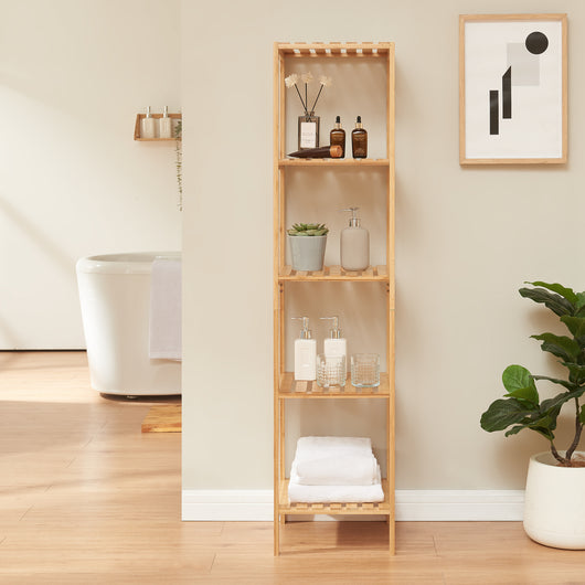 Scaffale da Terra Lierne a 5 Ripiani per Bagno Cucina 140x33x34 cm - Bambù Naturale [en.casa]
