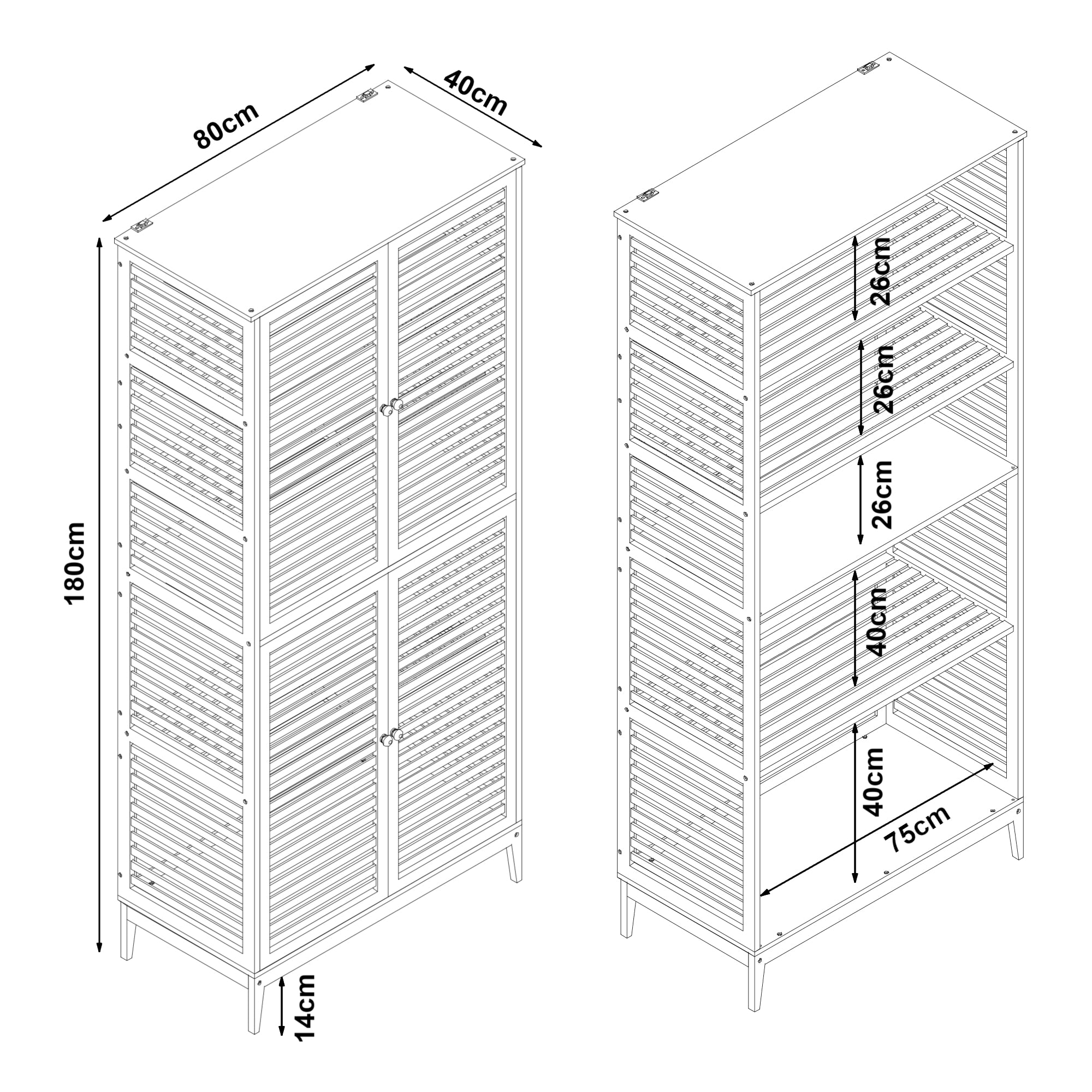 Armadio Alto Raurgela Multiuso Mobile da Terra per Bagno Cucina 180 x 80 x 40 cm - Bambù Naturale [en.casa]