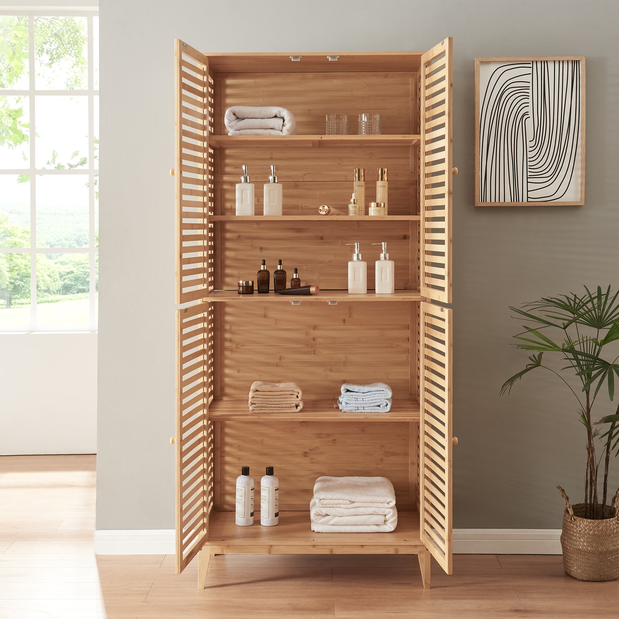 Armadio Alto Raurgela Multiuso Mobile da Terra per Bagno Cucina 180 x 80 x 40 cm - Bambù Naturale [en.casa]