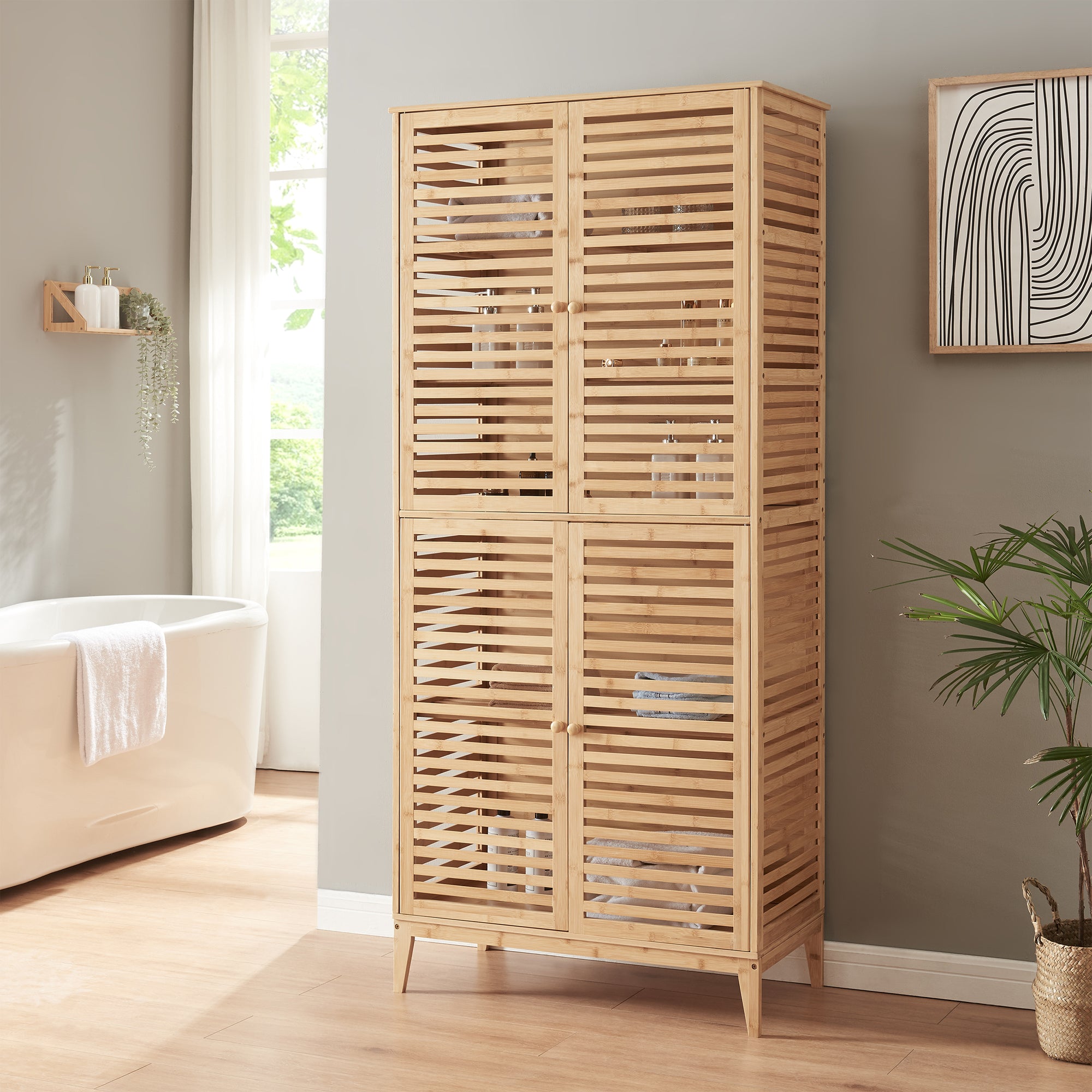 Armadio Alto Raurgela Multiuso Mobile da Terra per Bagno Cucina 180 x 80 x 40 cm - Bambù Naturale [en.casa]